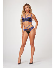 Load image into Gallery viewer, Stretch Satin &amp; Eyelash Lace Demi Cup Bra &amp; Panty Black/blue