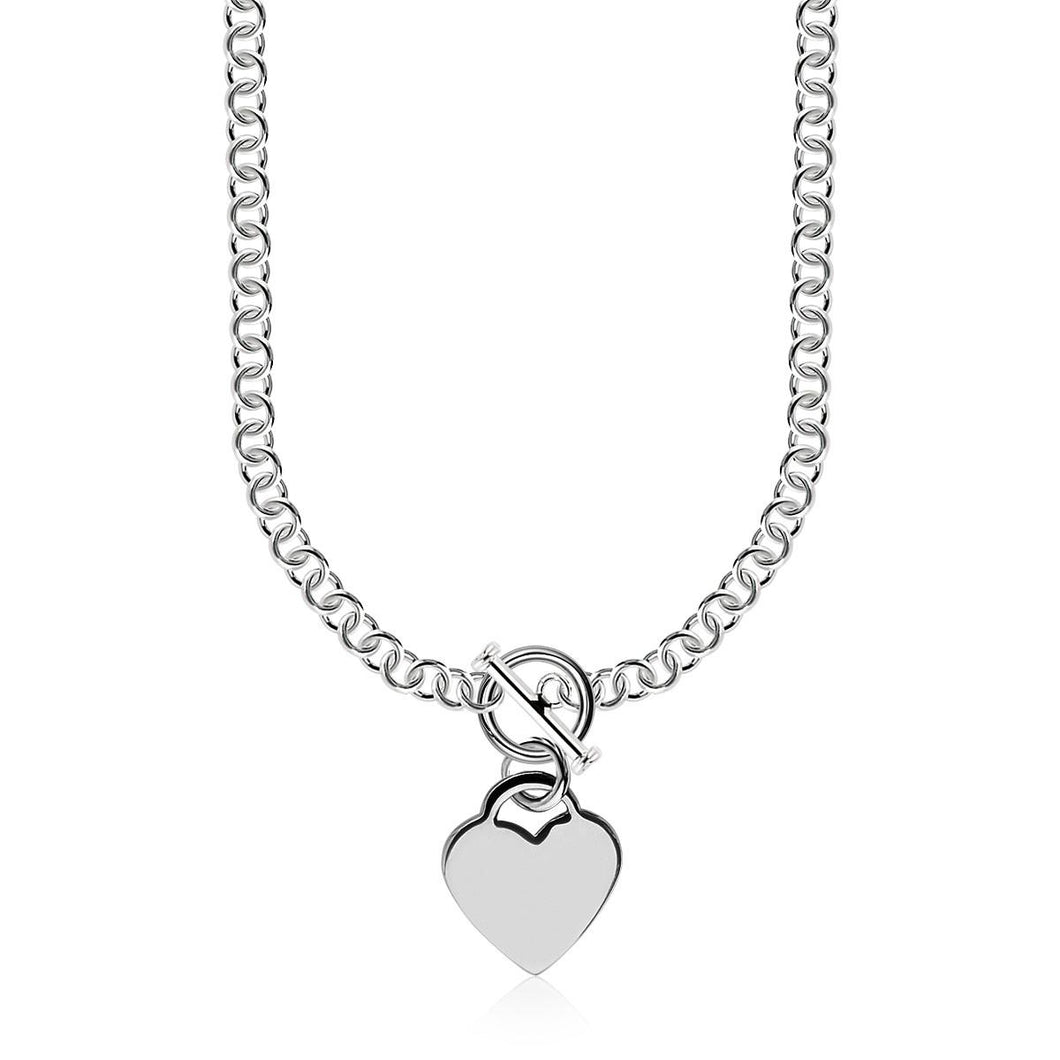 Sterling Silver Rhodium Plated Rolo Chain Necklace with a Heart Toggle Charm - Black Olive